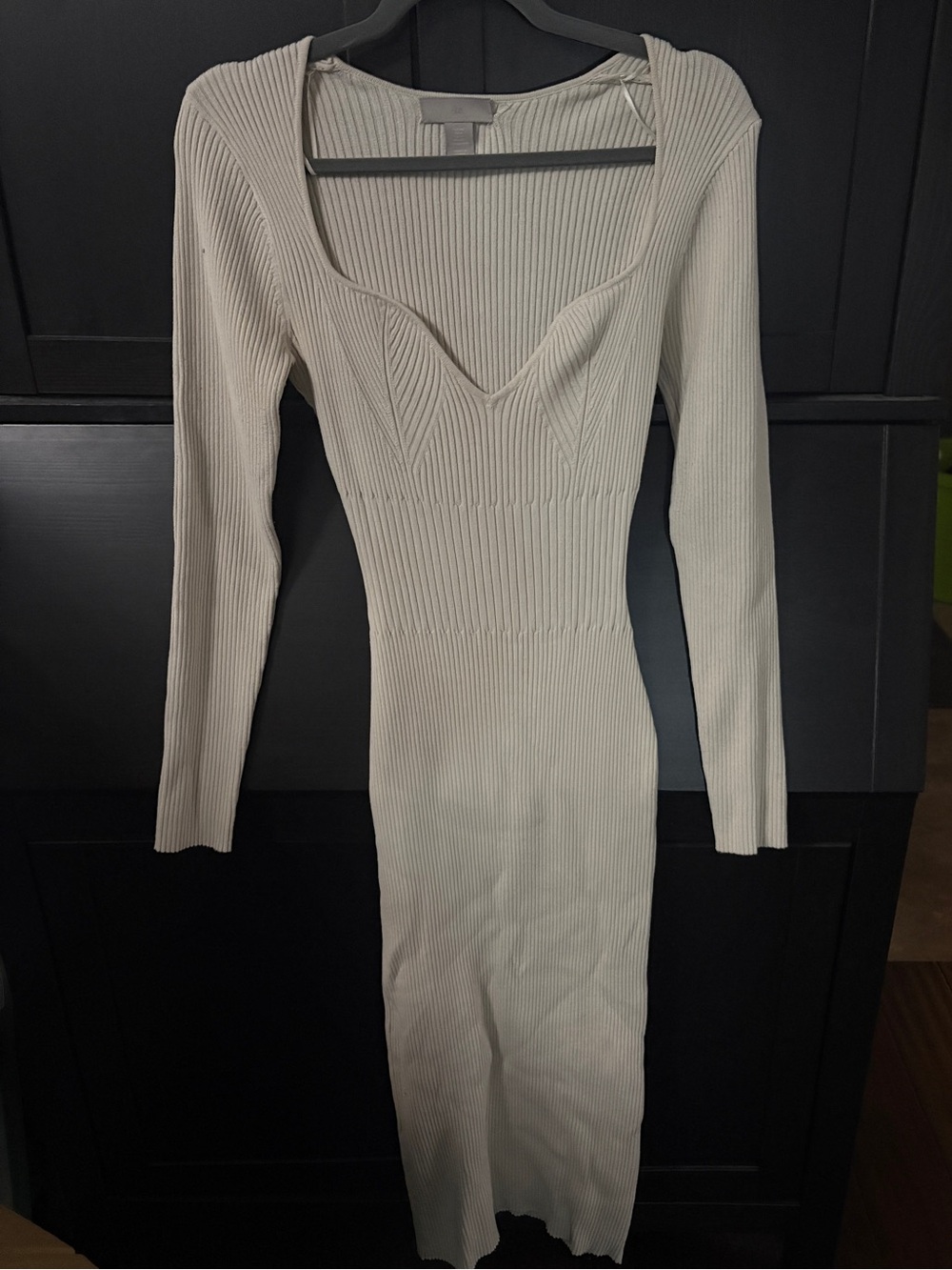 H&M Ribbed Long-Sleeve Midi Bodycon Dress in Cream